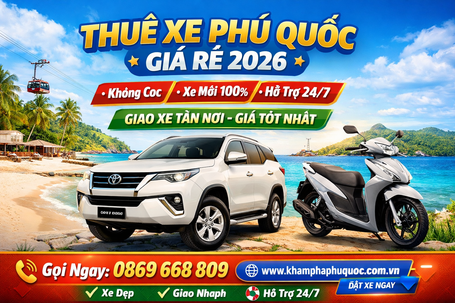 🚗 Thuê Xe Phú Quốc Giá Rẻ 2026 – Không Cọc, Xe Mới, Hỗ Trợ 24/7